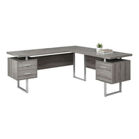 Monarch Specialties - 7304 Bureau 70 po - Taupe Fonce Cote Droit Ou Gauche-Bureau d'ordinateur à panneaux épais en forme de L au fini faux bois taupe foncé avec 3 tiroirs de rangement et 3 pieds en métal au fini argenté