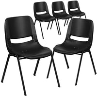 Chaise coquille noire pour enfants ergonomique et empilable de la série HERCULES avec hauteur de siège de 12 po.-Ensemble de 5 chaises empilables polyvalentes