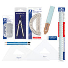 Staedtler® – Trousse de dessin technique pour débutant, 11 pièces-Le kit comprend un compas, une règle graduée, des équerres, une gomme, un rapporteur, un crayon 100% PEFC Mars Lumograph 2H, un crayon 100% PEFC Mars Lumograph 4H, un pochoir et du papier abrasif, un gabarit à effacer