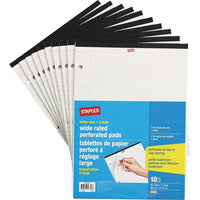 Staples - Blocs de papier blanc perforé de format personnel à réglage large - 3 trous - 50 feuilles - paquet de 10-Bloc-notes de papier blanc avec large réglure format personnel