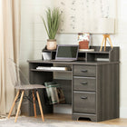 South Shore - Bureau d'ordinateur avec huche Versa, Érable gris-BUREAU AUX RANGEMENTS MULTIPLES : ce bureau d’ordinateur offre une tablette au bas pour vos livres, une autre pour votre portable lorsqu’il est fermé, une huche avec divisions fixes pour vos papiers et 3 tiroirs pour vos fiches et articles de bureau.