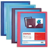 Staples - Couvertures de rapport personnalisables, couleurs tendance variées-Couverture de rapport à deux pochettes et à trois attaches, devant transparent avec ouverture sur le dessus