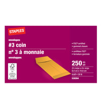 Enveloppes kraft no 3 pour monnaie avec rabats gommés, 2 1/2 x 4 po, brun, paquet de 250-L’enveloppe pour monnaie permet d’éviter que vos petits objets ne se perdent ou ne s’abîment.