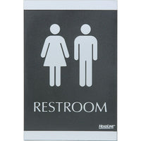 Headline Sign - Affiche « RESTROOM » ADA série Century, anglais (Toilette)-Aspect contemporain - argent sur noir avec pictogrammes et braille  