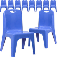 Flash Furniture - Chaise d’école empilable en plastique bleu avec poignée de transport et siège de 11 po de hauteur-Ensemble de 10 chaises d’étudiant empilables
