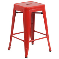 Flash Furniture – Tabouret de comptoir en acier de 24 po à siège carré et sans dossier, int/ext, rouge (CH3132024RED)-Tabouret moderne empilable de style industriel