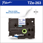 Brother - TZe263 Ruban laminé authentique pour étiqueteuses P-touch - 36 mm de largeur x 8 m de longueur - blanc avec texte bleu-Pour les applications d'étiquetage quotidiennes à la maison, au bureau ou au travail, comme les dossiers, les codes-barres, les clés USB, les fournitures de bureau, le contenu du garde-manger et du congélateur, les articles pour enfants et l’équipement