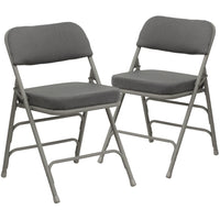 Chaise pliante HERCULES à triple entretoise et double charnière incurvée en tissu gris et métal gris-Ensemble de 2 chaises pliantes rembourrées en métal
