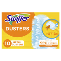 Swiffer - Recharges Dusters multi-surface - paquet de 10-Swiffer - Dusters ATTIRENT + EMPRISONNENT la poussière et les allergènes* *allergènes inanimés courants provenant des squames de chat et de chien et des acariens de la poussière