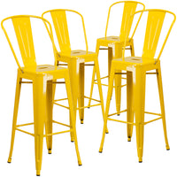 Flash Furniture Tabouret de bar de qualité commerciale, de 30 po avec dossier en métal jaune pour l'intérieur et l'extérieur-Ensemble de 4 tabourets de bar de style bistro