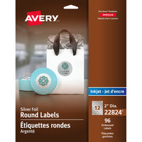 Avery − Étiquettes rondes gaufrées argent pour imprimante à jet d’encre − permanentes − 2 po de diamètre − paquet de 96 (22824)-Étiquette permanente, ronde