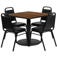 Flash Furniture – Table carrée de 36 po au dessus stratifié noyer avec base ronde et 4 chaises noires à dossier trapézoïdal-Armature de chaise et de table thermolaquée noire