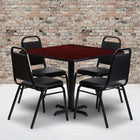 Flash Furniture – Table carrée de 36 po au dessus stratifié acajou avec base en X et 4 chaises noires à dossier trapézoïdal-L'ensemble comprend 4 chaises de banquet, un dessus de table carré et une base en X