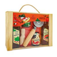 Coffret - cadeau pizza italienne Collitali dans la boîte-Ce coffret cadeau soigneusement sélectionné contient une sélection d'ingrédients et d'outils italiens de première qualité, notamment des feuilles d'origan (7,5 g), du piment broyé (18 g), de l'huile d'olive extra vierge à l'origan, des arômes de tomate et d'olive noire (100 ml), de l'huile d'olive extra vierge à l'origan. arôme basilic et tomate (100ml), Molette de coupe, Accessoire en bois pour épices.