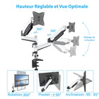 ShoppingAll Support de bureau à pince pour écran, entièrement réglable, à double ressort à gaz - Blanc-Les bras réglables peuvent s'incliner de +85 degrés à -90 degrés, pivoter de +/-90 degrés et effectuer une rotation de 360 degrés
