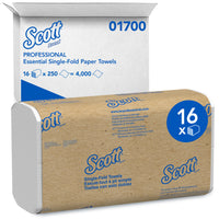 Scott - Essuie-mains à pli unique Scott Essential, 250 essuie-mains/paquet - paquet de 16-16 paquets par caisse, 250 essuie-mains à pli unique par paquet (4 000 essuie-mains par caisse)
