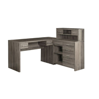 Monarch Specialties - 7318 Bureau - Taupe Fonce De Coin Cote Droit Ou Gauche-Ce bureau d'ordinateur moderne en forme de L avec rangement et huche se caractérise par une construction à panneaux épais en finition stratifiée aspect bois brun taupe.