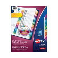 Avery − Intercalaires Ready Index 1 à 31 avec table des matières pour imprimantes laser et jet d’encre – 31 onglets – multicolores-Intercalaires préimprimés