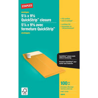 Staples - Enveloppes kraft pour catalogue avec fermeture QuickStrip, 5 7/8 x 9-5/8 po, 24 lb, brun, boîte de 100-Idéales pour poster des catalogues, des livrets, des brochures et des documents de plusieurs pages