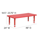 Flash Furniture – Ensemble avec table d’activités rectangulaire réglable de 24 x 48 po et 4 chaises d’école empilables, rouge-Capacité de charge statique de 220 lb