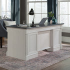 Sauder 65"W La Collection Palladia Bureau Ministre - Finition Glacier Oak-   Le système de gestion des cordons comprend également deux œillets de bureau, de nombreux passe-câbles et un socle avec panneau à charnières pour un accès facile