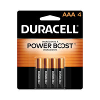 Duracell - Coppertop Piles Alcalines AAA  - paquet de 4 -CONÇUES AVEC DES INGRÉDIENTS POWER BOOSTMC : les piles alcalines AAA Duracell Coppertop offrent à vos appareils une performance longue durée
