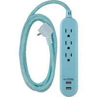 Staples - Rallonge tressée à 3 prises de courant de 6 pi avec 2 ports USB, bleu clair-Trois prises de courant à 3 broches avec 2 ports USB