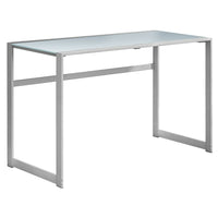 Monarch Specialties - 7380 Bureau 48 po L - Metal Argent/Verre Trempe Givre-Élégant dessus de table en verre trempé blanc givré