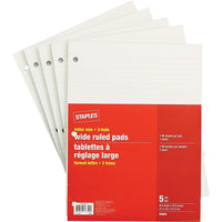 Staples - Blocs de papier blanc de format lettre à réglage large, 96 feuilles, 3 trous, paq./5-Bloc-notes format lettre papier blanc avec large réglure