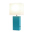 Élégante Conception Lampe de table moderne en cuir avec USB et abat-jour en tissu blanc, sarcelle-Chacune utilise une ampoule à culot moyen de type A de 60W. Ampoules vendues séparément