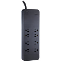 GE - Protecteur de surtension 8 prises, 2160 J, 8 pi, noir-Cordon polyvalent - rallonge de huit pieds avec une prise plate pour permettre un branchement dans les espaces restreints