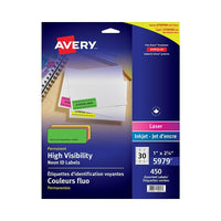 Avery Étiquettes voyantes couleurs fluo assorties, laser, 2 5/8 po x 1 po, paq./450 (05979)-Étiquette permanente