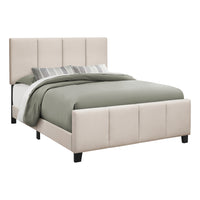 Monarch Specialties - 6026Q Lit Queen - Tissus Beige-Grand lit plateforme avec tête de lit, pied de lit et barres latérales rembourré en tissu d'aspect lin gris avec carré touffeté