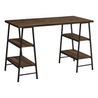 Monarch Specialties - 7525 Bureau 48 po L - Faux Bois Brun/Metal Noir-Bureau d'ordinateur de style industriel avec 4 tablettes fixes et ouvertes soutenues par des pieds de style chevalet dans une finition en métal noir