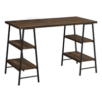 Monarch Specialties - 7525 Bureau 48 po L - Faux Bois Brun/Metal Noir-Bureau d'ordinateur de style industriel avec 4 tablettes fixes et ouvertes soutenues par des pieds de style chevalet dans une finition en métal noir