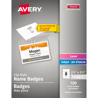 Avery Badges avec pinces 74461 Garment Friendlyâ„¢, 2 1/4 po x 3 1/2 po, blanc, chargement par le dessus, paq./100-Résultats professionnels, et ce, à partir de votre imprimante de bureau !