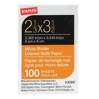 Staples - Papier de recharge Micro Binder sans lignes - 2 1/3 x 3 1/2 po - 100 feuilles-Conçu spécifiquement pour les reliures Micro Better