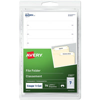 Avery® - Étiquettes permanentes pour chemises de classement, 3 1/2 po x 1/3 po, blanches, paq./70 (2327)-Faites ressortir les chemises de dossiers avec un look professionnel. Ces étiquettes comportent une bande de couleur accrocheuse en haut pour vous aider à trouver encore plus facilement le dossier que vous recherchez et sont parfaites pour le codage couleur.