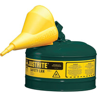 JustriteMD – Bidon de sécurité de type I avec entonnoir, 2 1/2 gal, 11 3/4 x 11 1/2 po, vert-Les bidons de sécurité de type I sont conçus avec un seul bec pour remplir et verser toutes sortes de liquides inflammables