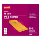 Staples - Enveloppes kraft n° 6 pour monnaie avec rabats gommés, 3 3/8 x 6 po, 28 lb, brun, boîte de 250-Enveloppes n° 6 idéales pour ranger de l'argent, des reçus, de la monnaie, des clés, etc., et pour l'envoi de cartes de vœux, invitations et autres
