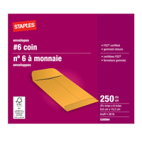 Staples - Enveloppes kraft n° 6 pour monnaie avec rabats gommés, 3 3/8 x 6 po, 28 lb, brun, boîte de 250-Enveloppes n° 6 idéales pour ranger de l'argent, des reçus, de la monnaie, des clés, etc., et pour l'envoi de cartes de vœux, invitations et autres