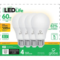 Globe – Ampoule blanc doux DEL A19 10 W, eq 60W, paq./4 (30716) -10W eq 60W