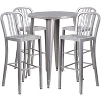Ensemble de table de bar ronde 30 po en métal argenté, 4 tabourets à dos lattes verticales, int/ext [CH-51090BH-4-30VRT-SIL-GG]-Table de bar à café en métal