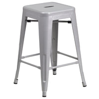 Flash Furniture - Tabouret de comptoir en acier de 24 po à siège carré et sans dossier, int/ext, argenté (CH3132024SIL)-Tabouret moderne empilable de style industriel