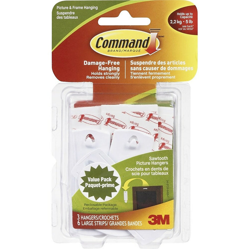 Crochet En Dents De Scie Pour Tableaux Command(MC) Avec Bandes Résistant à L'eau 17040C, Grand 1 Crochet, 2 Bandes, Assorti
