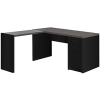 Monarch Specialties - 7431 Bureau - Noir/Dessus Gris De Coin Et Verre Trempe-Ce bureau d'angle en forme de L avec un rangement fermé à droite et un insert en verre trempé sur le plateau facile à nettoyer à gauche, crée un espace de travail moderne et fonctionnel pour n'importe quel bureau à domicile.