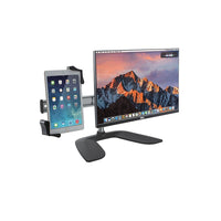 CTA – Poste de travail pour deux écrans, pour tablette et moniteur compatible VESA (PAD-DSVT)-Système de montage double le long de la barre à positionnement coulissant pour tablette et moniteur