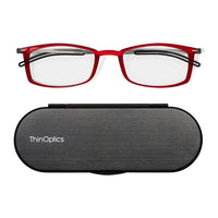 ThinOptics FrontPage collection, Brooklyn 1.0 Lecteur avec Milano Pod Noir - Rouge-Existe en deux beaux styles, le Brooklyn rectangulaire et le Manhattan ovale, et est flatteur pour les hommes et les femmes.