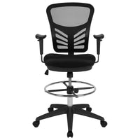 Flash Furniture Chaise de dessinateur ergonomique en maille noire à dossier mi-hauteur,  cadre noir-Tabouret de dessinateur contemporain avec accoudoirs rembourrés à hauteur réglable