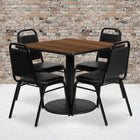 Flash Furniture – Table carrée de 36 po au dessus stratifié noyer avec base ronde et 4 chaises noires à dossier trapézoïdal-L’ensemble comprend 4 chaises, une table à plateau carré et une base ronde